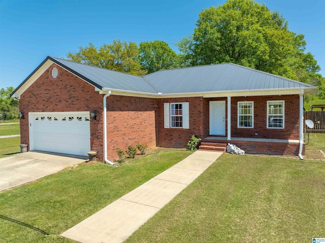 single story home with an attached garage, crawl space, a front lawn, and metal roof