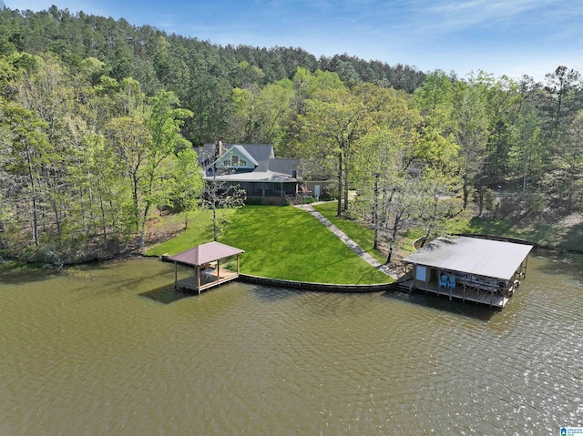 bird's eye view with a water view and a wooded view