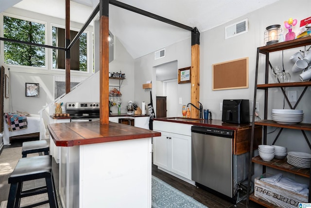 kitchen featuring visible vents, a sink, dark wood-type flooring, and appliances with stainless steel finishes