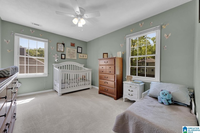 913 Falling Star Ln, Alabaster, AL 35007 - bedroom featuring carpet, visible vents, baseboards, and ceiling fan