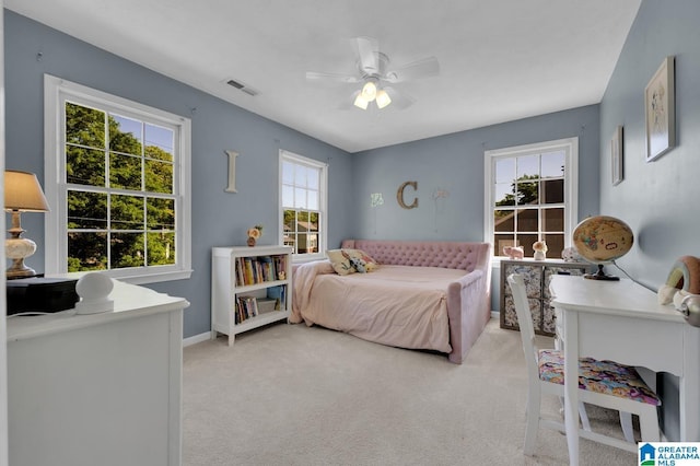 913 Falling Star Ln, Alabaster, AL 35007 - bedroom featuring visible vents, carpet flooring, baseboards, and ceiling fan