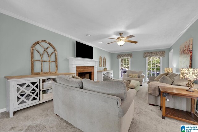 913 Falling Star Ln, Alabaster, AL 35007 - living room with light colored carpet, a ceiling fan, and ornamental molding