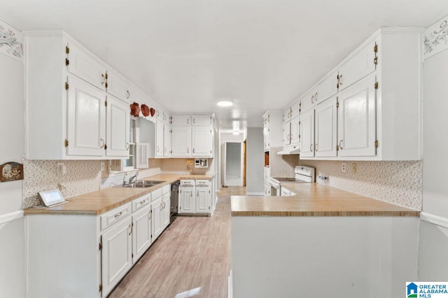 kitchen featuring white cabinets, black dishwasher, light wood finished floors, and white electric range