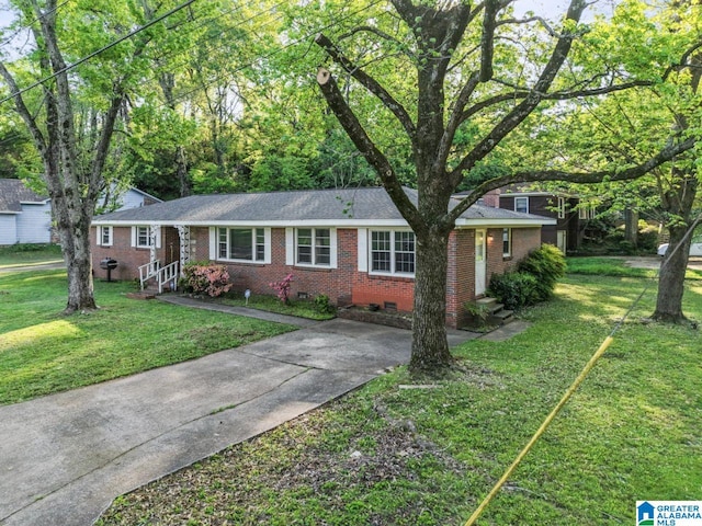 single story home featuring a front lawn, brick siding, and crawl space