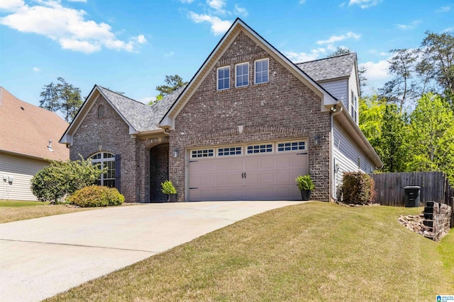 traditional home with concrete driveway, brick siding, fence, and a front lawn