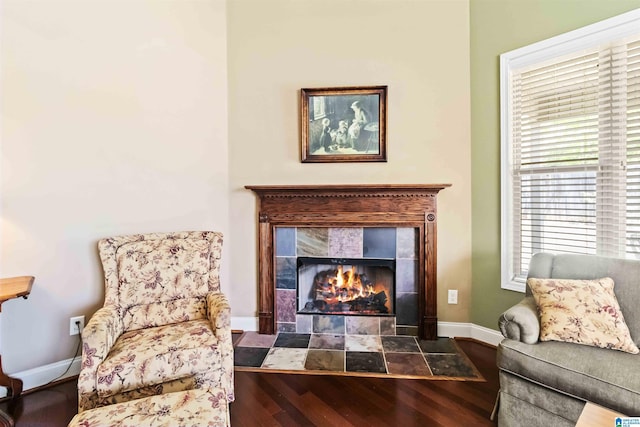 living area with a healthy amount of sunlight, baseboards, wood finished floors, and a fireplace