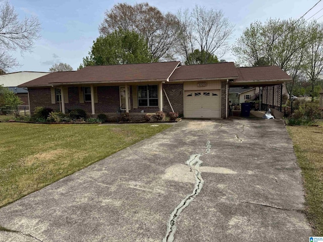 ranch-style house with a front lawn, brick siding, an attached garage, driveway, and an attached carport