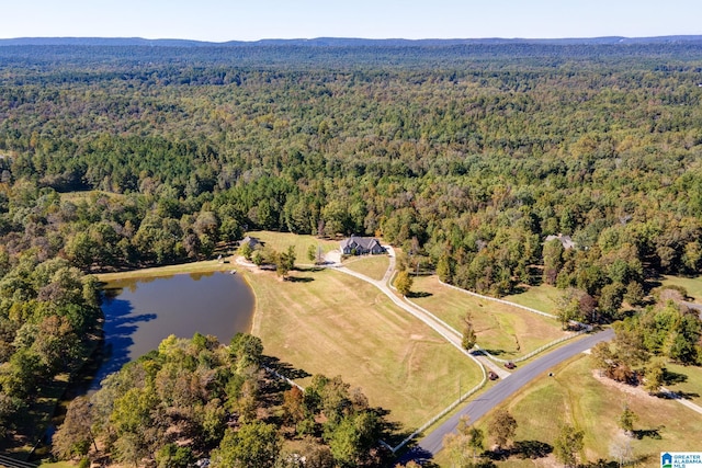 birds eye view of property featuring a water view and a forest view