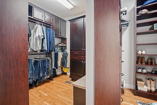 walk in closet with light wood finished floors