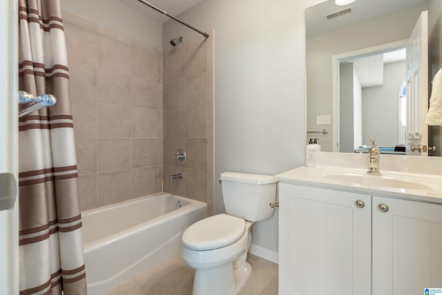 bathroom with tile patterned floors, shower / bathtub combination with curtain, visible vents, toilet, and vanity