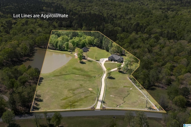 birds eye view of property featuring a view of trees and a water view