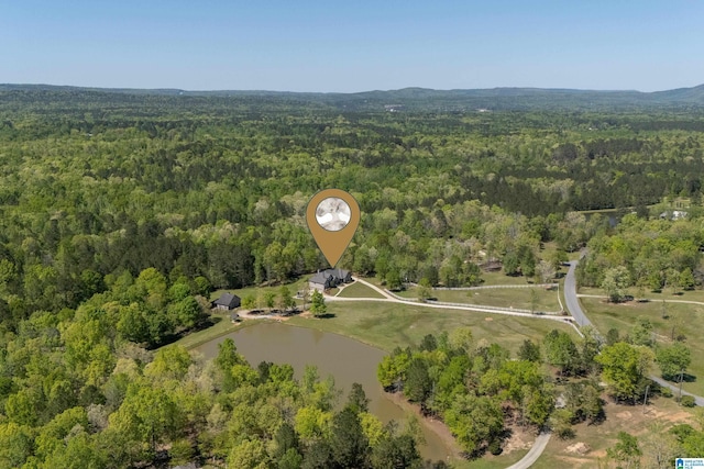 birds eye view of property featuring a water view and a wooded view