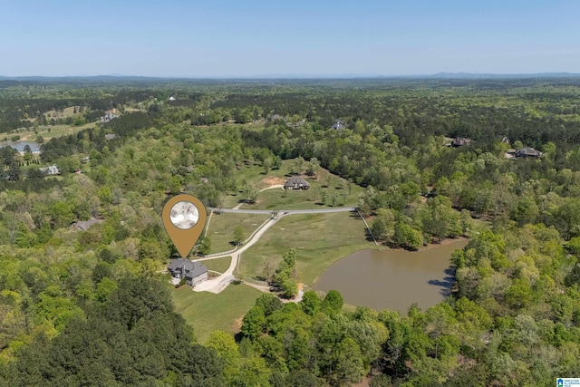 aerial view featuring a water view and a wooded view