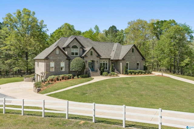 view of front of property with brick siding, fence private yard, a front lawn, and concrete driveway