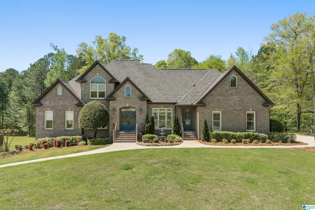 view of front facade featuring a front lawn, brick siding, and a shingled roof