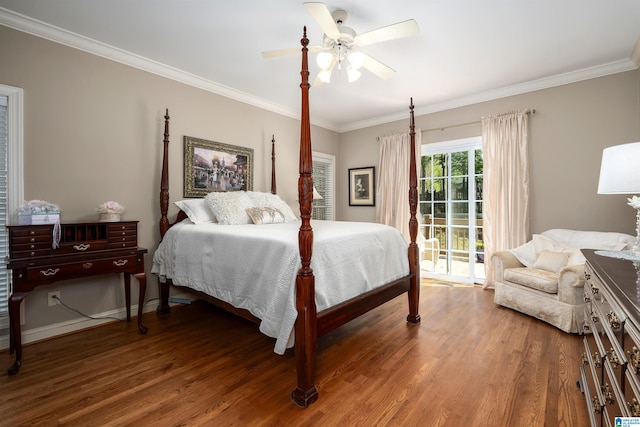 7717 Clayton Cove Pkwy, Clay, AL 35126 - bedroom featuring ceiling fan, access to exterior, ornamental molding, and wood finished floors
