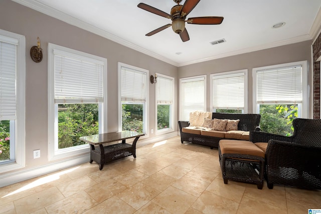 7717 Clayton Cove Pkwy, Clay, AL 35126 - living area featuring plenty of natural light, visible vents, a ceiling fan, and ornamental molding