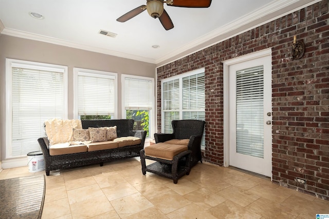 7717 Clayton Cove Pkwy, Clay, AL 35126 - sunroom featuring outdoor lounge area, visible vents, ornamental molding, and ceiling fan