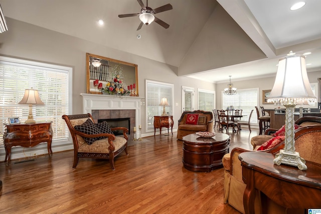 7717 Clayton Cove Pkwy, Clay, AL 35126 - living area with recessed lighting, a fireplace, ceiling fan with notable chandelier, and wood finished floors
