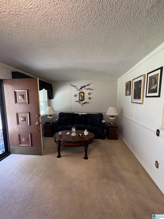 carpeted living room with a textured ceiling and ornamental molding