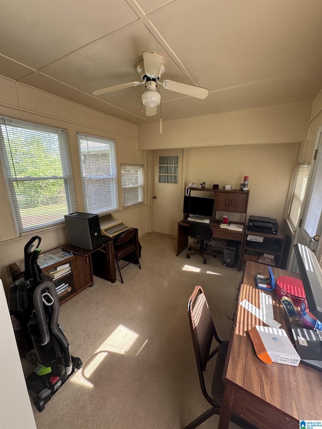 office space with carpet and ceiling fan