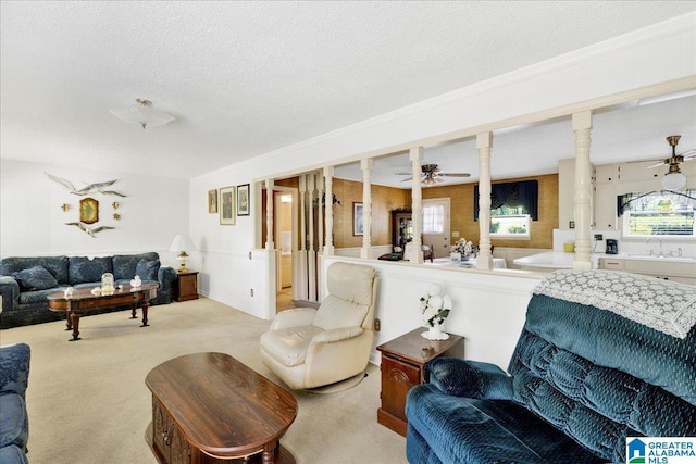 carpeted living room featuring a wealth of natural light, a ceiling fan, and a textured ceiling
