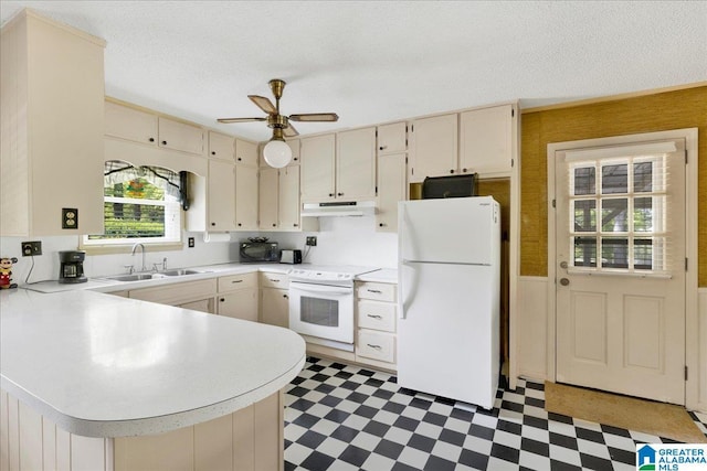 kitchen with light floors, a sink, under cabinet range hood, and white appliances