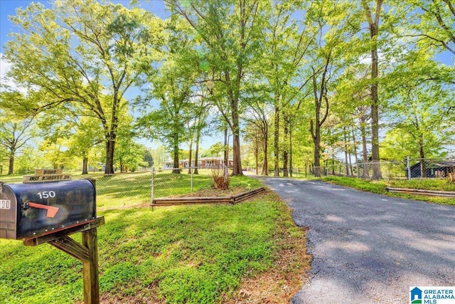 view of property's community with fence and a yard
