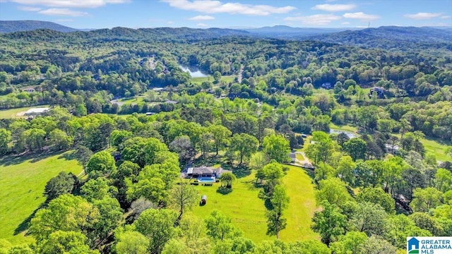 aerial view with a view of trees and a mountain view