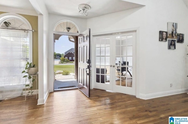 entrance foyer featuring french doors, baseboards, and wood finished floors