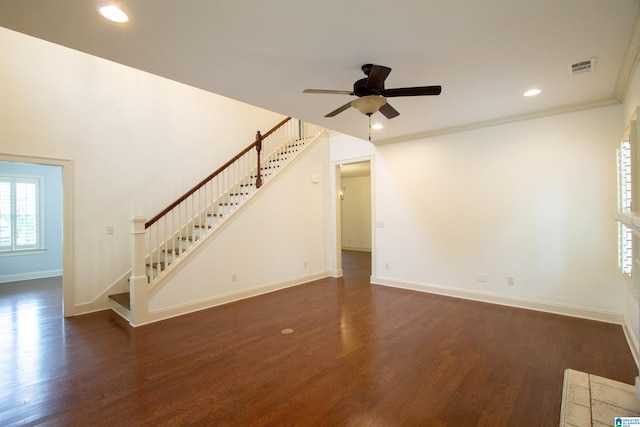 3881 Ross Park Dr, Hoover, AL 35226 - unfurnished living room featuring a ceiling fan, wood finished floors, stairs, baseboards, and visible vents