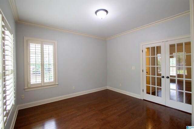 3881 Ross Park Dr, Hoover, AL 35226 - unfurnished room featuring baseboards, crown molding, dark wood-style floors, and french doors