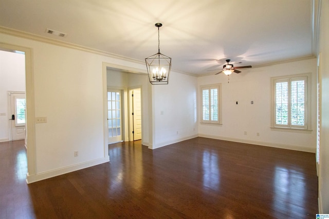 3881 Ross Park Dr, Hoover, AL 35226 - spare room with visible vents, dark wood-type flooring, crown molding, baseboards, and ceiling fan with notable chandelier