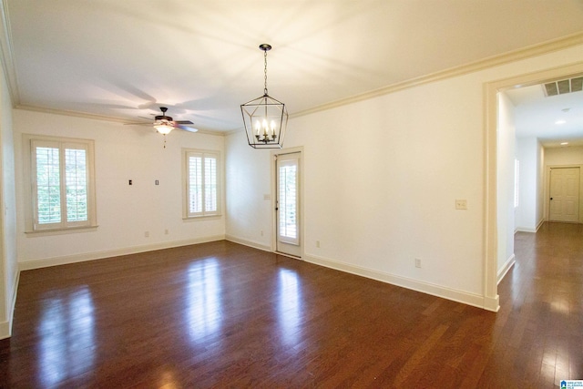 3881 Ross Park Dr, Hoover, AL 35226 - spare room with baseboards, dark wood-style flooring, visible vents, and ceiling fan with notable chandelier