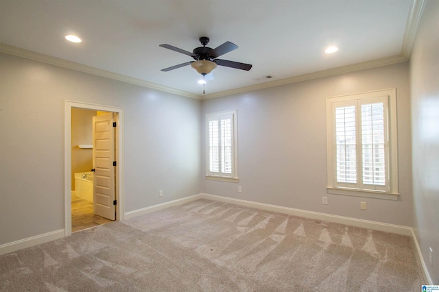 3881 Ross Park Dr, Hoover, AL 35226 - carpeted empty room featuring baseboards, visible vents, recessed lighting, a ceiling fan, and crown molding