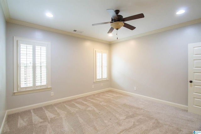 3881 Ross Park Dr, Hoover, AL 35226 - empty room featuring crown molding, ceiling fan, carpet floors, baseboards, and visible vents