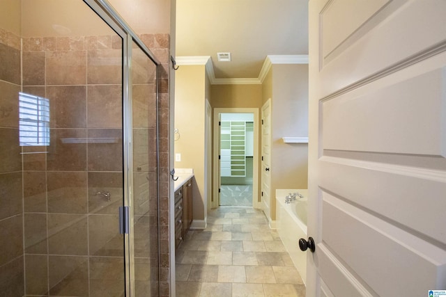3881 Ross Park Dr, Hoover, AL 35226 - full bathroom with a shower stall, ornamental molding, a bath, and visible vents