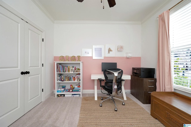 office featuring baseboards, ceiling fan, carpet, and crown molding