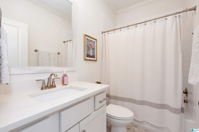 bathroom featuring crown molding, curtained shower, toilet, and vanity