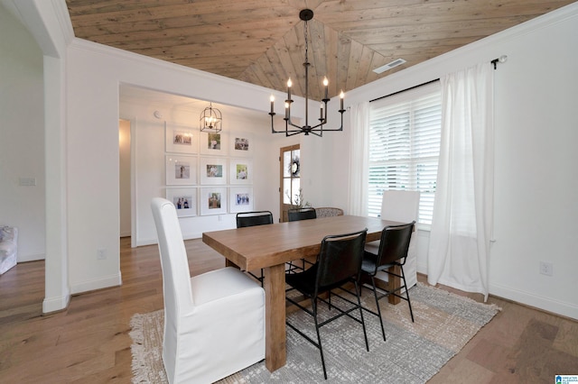 dining room with visible vents, light wood-type flooring, a notable chandelier, and wooden ceiling