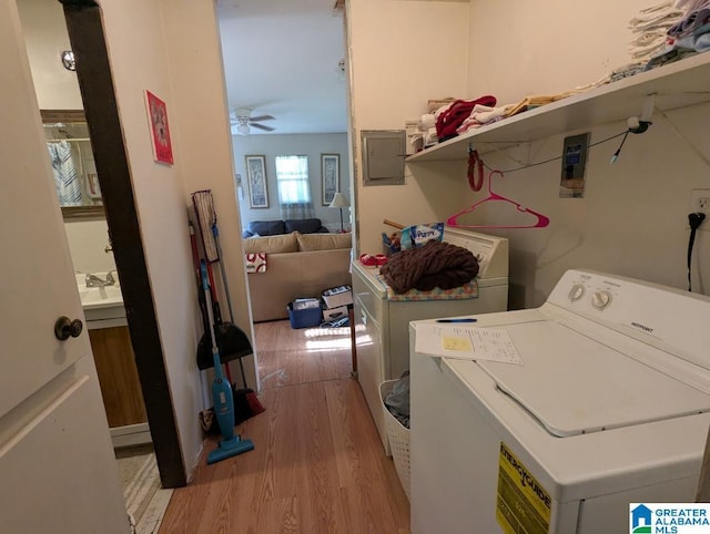 laundry area featuring electric panel, light wood-type flooring, a ceiling fan, laundry area, and washing machine and clothes dryer