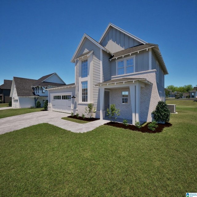 view of front facade featuring concrete driveway, board and batten siding, a front lawn, brick siding, and a garage