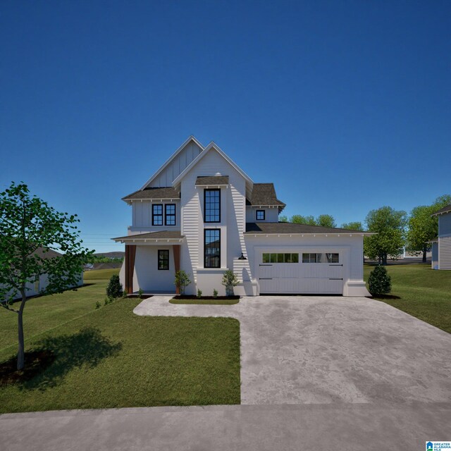 view of front of home featuring board and batten siding, a front lawn, and driveway