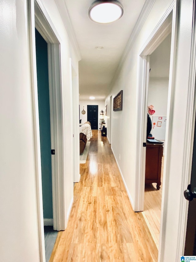 hallway with light wood-style flooring, crown molding, and baseboards