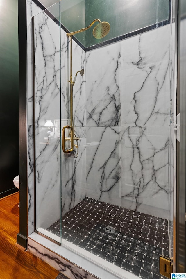 bathroom with wood finished floors, a marble finish shower, and toilet