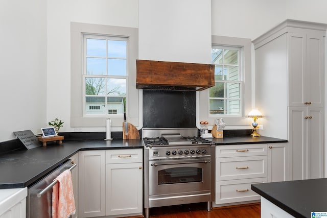 kitchen with dark countertops, stainless steel appliances, and plenty of natural light