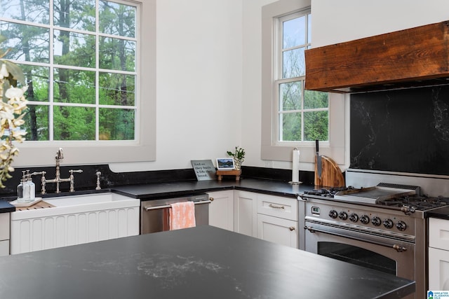 kitchen with dark countertops, custom exhaust hood, a sink, stainless steel appliances, and white cabinetry