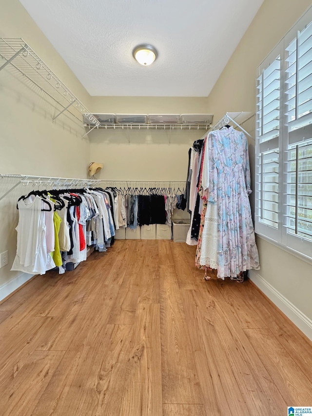walk in closet with wood finished floors