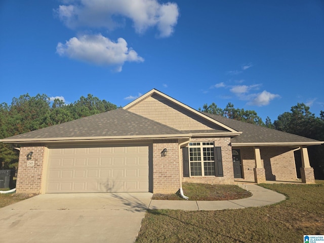 single story home featuring brick siding, a shingled roof, a garage, and driveway
