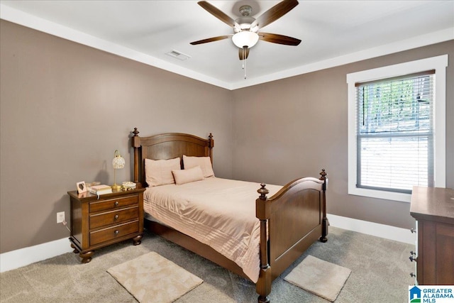 2092 Grey Oaks Ter, Pelham, AL 35124 - bedroom featuring light carpet, baseboards, visible vents, and ceiling fan